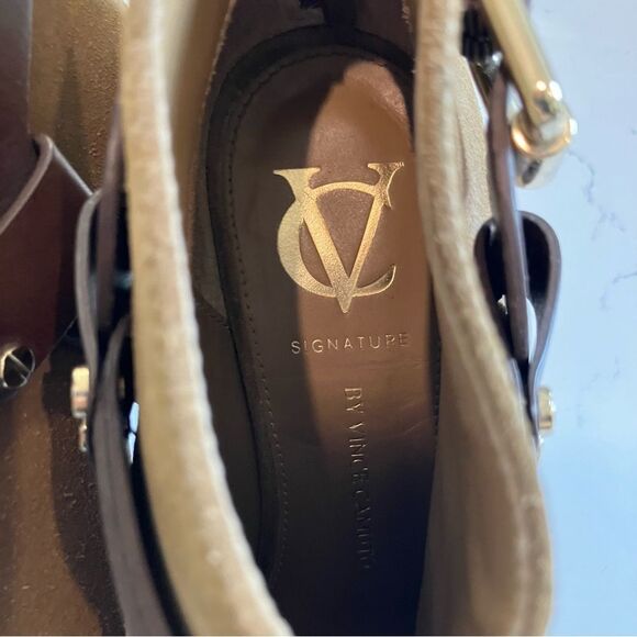Vince Camuto VC Signature Leather Suede Brown Nikoletta Peep Toe Boots Size 7 - Picture 13 of 16